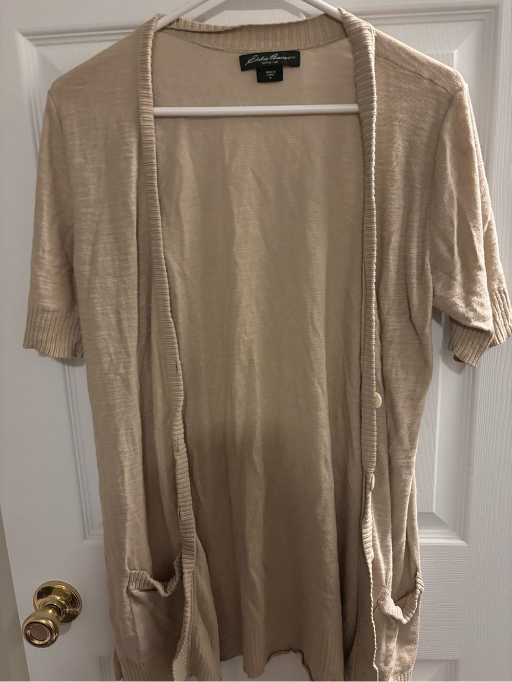 Eddie Bauer Beige Short-Sleeve Open Front Cardigan with Pockets